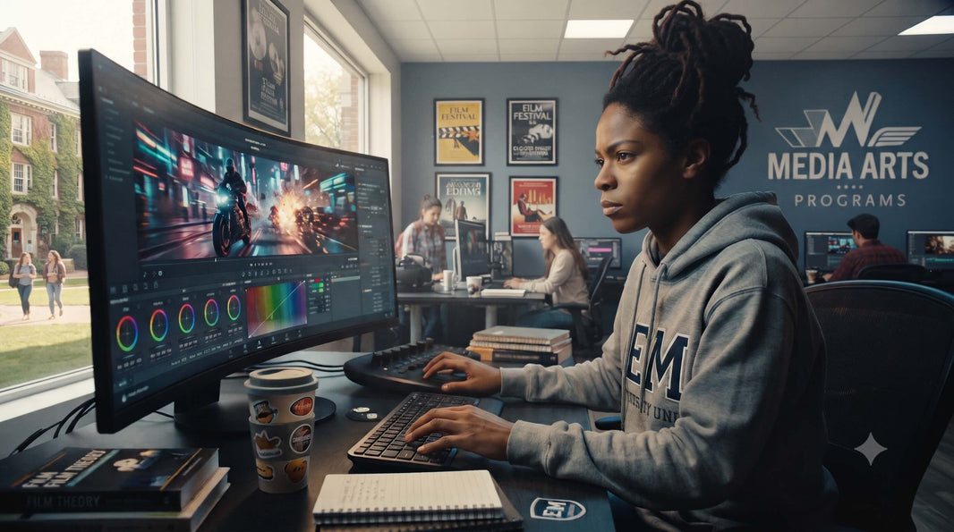 College woman focused on video editing