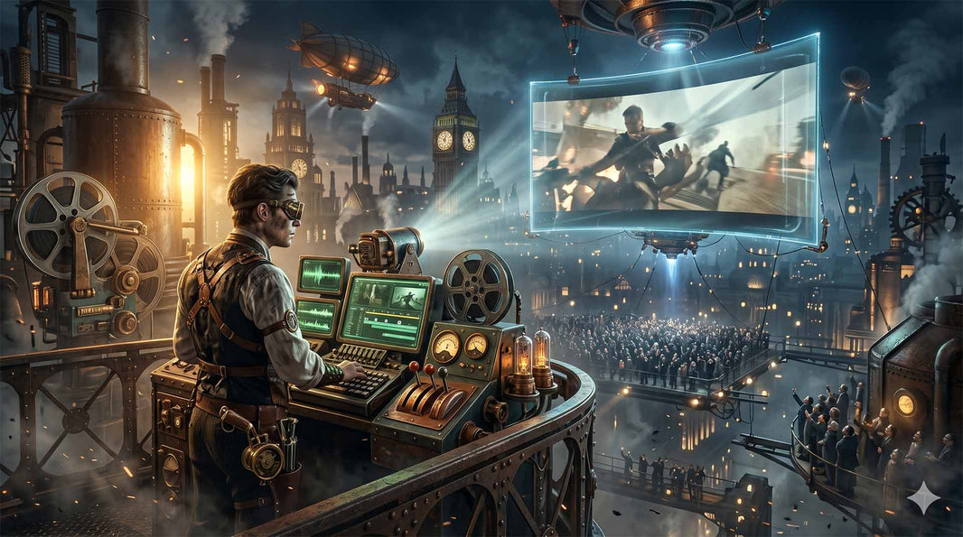 A solo film editor at a steampunk rave presenting a movie.
