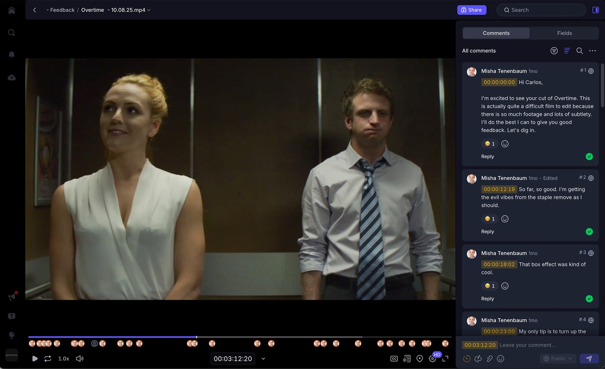 Two people standing in an elevator with a video editing interface on the right.